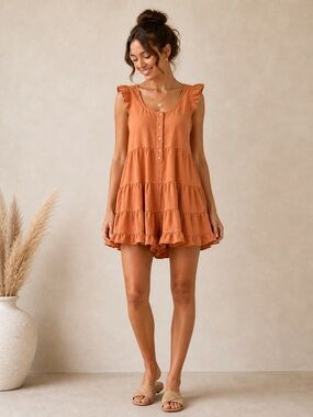 Love Riche Terracotta Cotton Romper Tiered Button Front Summer L
